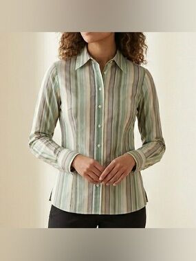 Y2 Blu Striped Long Sleeve Button Up Fitted Blouse Womens Size S